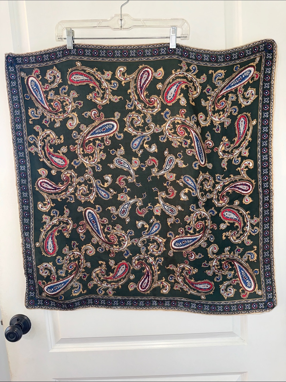 Vintage Very Large Paisley Square Scarf in Dark Green with Multicolor Accents